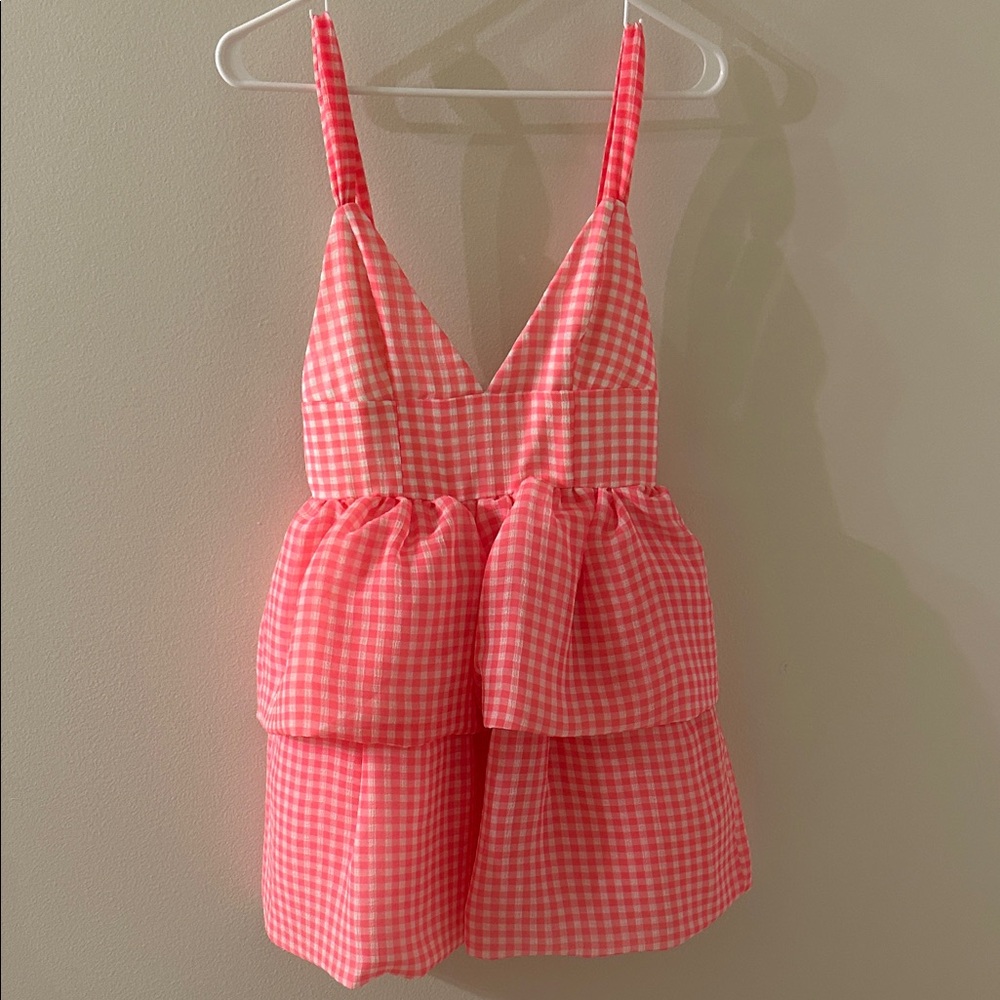 NBD Pink Gingham Tiered Mini Dress